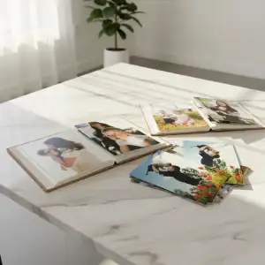 Álbumes de fotos 15x21 con cubiertas de lino en tonos marrón claro y gris en mesa de mármol.