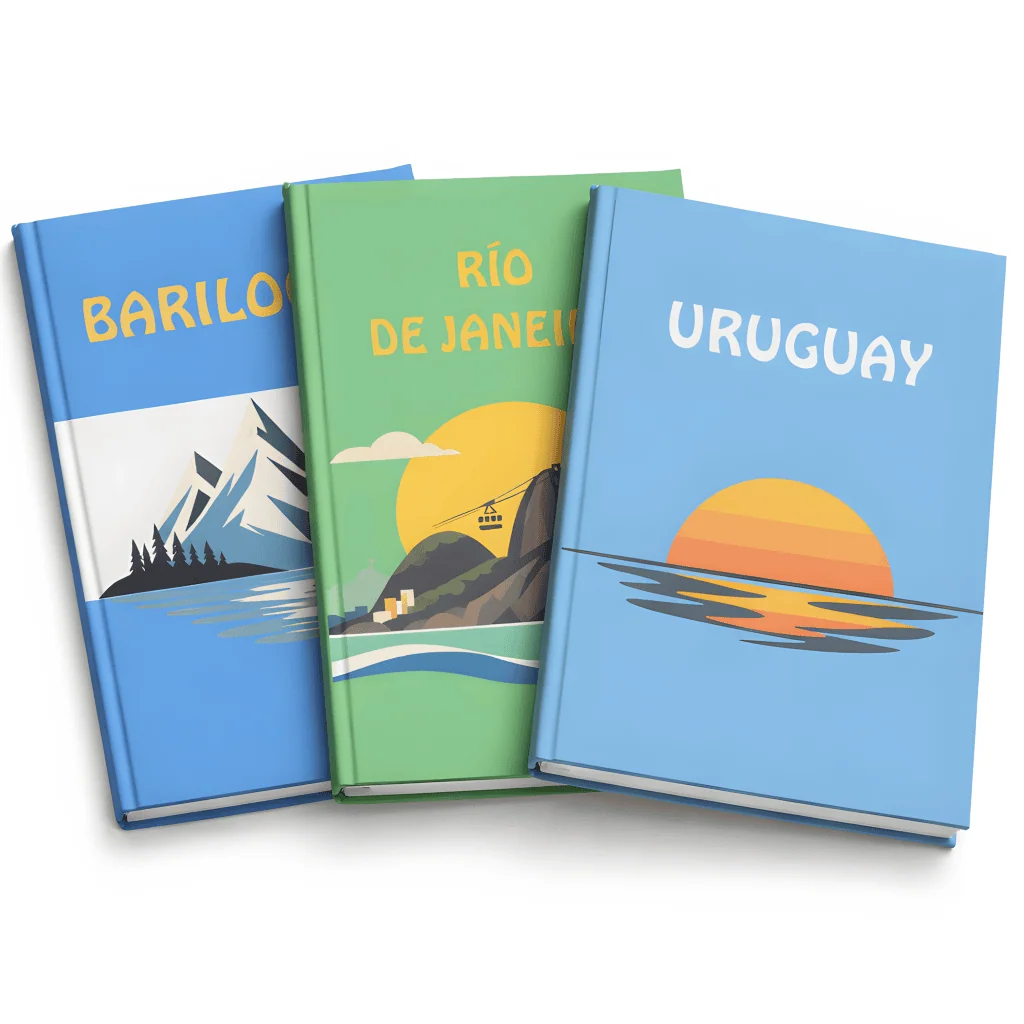 Tres Travel Books de hojas flexibles apoyados uno arriba del otro