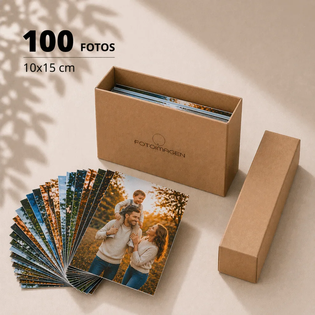 Pack de 100 fotos 10x15 en abanico sobre una mesa con una cajita de carton craft de Fotoimagen al lado