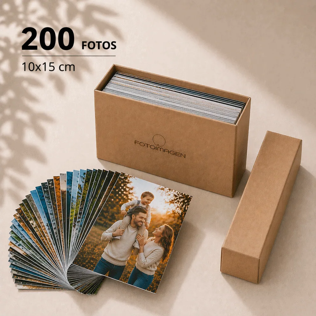 Pack de 200 fotos 10x15 en abanico sobre una mesa con una cajita de carton craft de Fotoimagen al lado