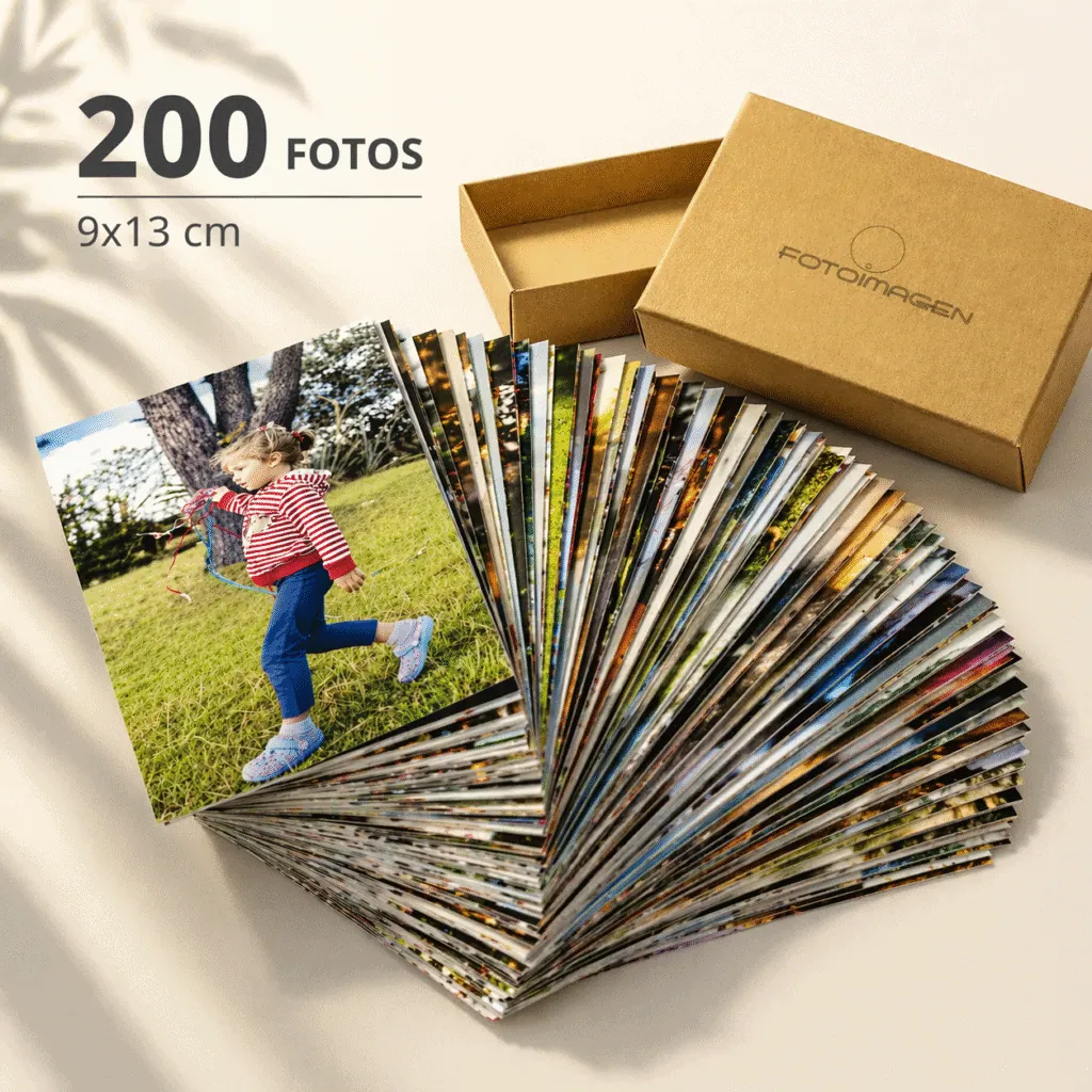 Pack de 200 fotos 9x13 en abanico sobre una mesa con una cajita de carton craft de Fotoimagen al lado