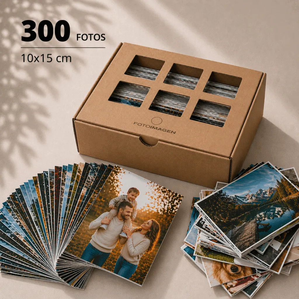 Pack de 300 fotos 10x15 en dos pilas de fotos sobre una mesa con una caja de carton craft de Fotoimagen al lado.
