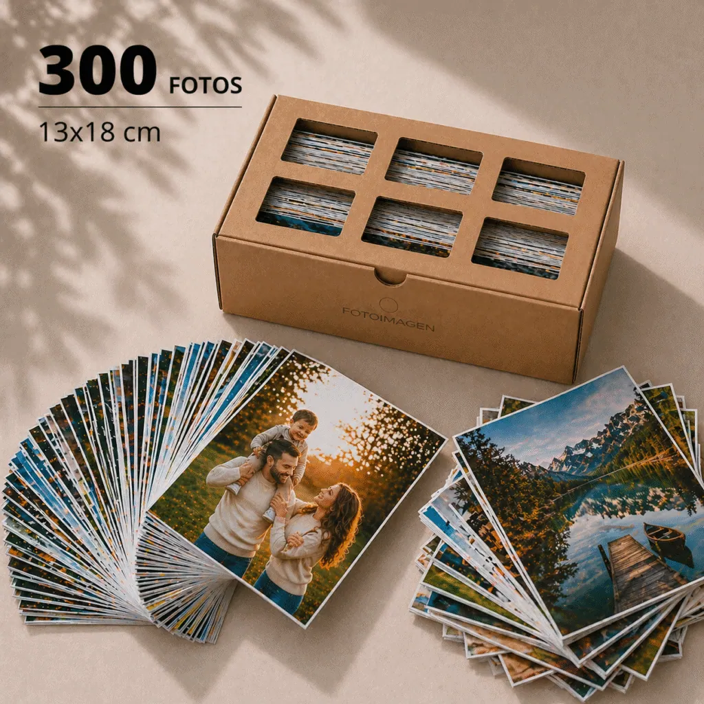 Pack de 300 fotos 13x18 en abanico sobre una mesa con una cajita de carton craft de Fotoimagen al lado