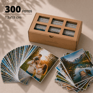 Pack de 300 fotos 13x18 en abanico sobre una mesa con una cajita de carton craft de Fotoimagen al lado