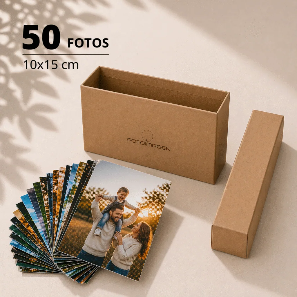 Pack de 50 fotos 10x15 en abanico sobre una mesa con una cajita de carton craft de Fotoimagen al lado