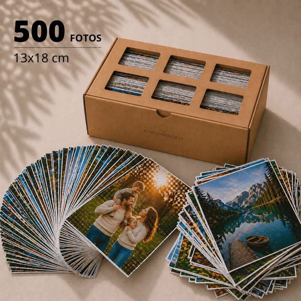 Pack de 500 fotos 13x18 en abanico sobre una mesa con una cajita de carton grande craft de Fotoimagen al lado