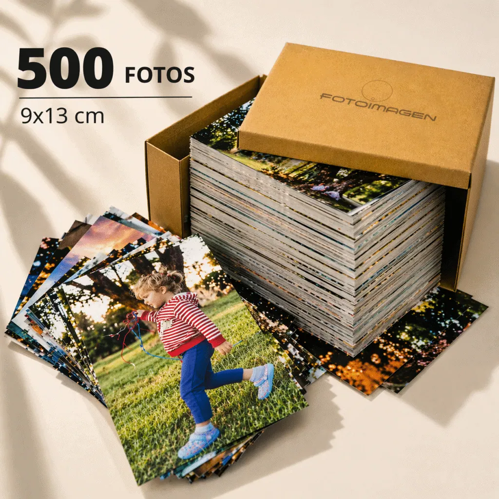 Pack de 500 fotos 9x13 en dos pilas enormes de fotos sobre una mesa con una cajita de carton craft de Fotoimagen al lado.