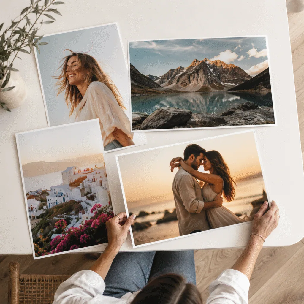 Fotos impresas en Papel Fotográfico de tamaño 30x45 Horizontales y Verticales dispuestas sobre una mesa por una mujer, visto desde una toma aerea.