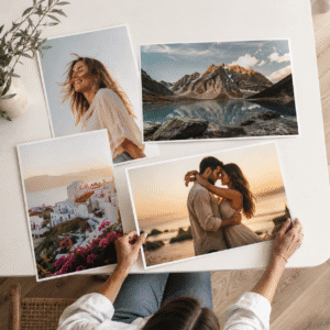 Fotos impresas en Papel Fotográfico de tamaño 30x45 Horizontales y Verticales dispuestas sobre una mesa por una mujer, visto desde una toma aerea.