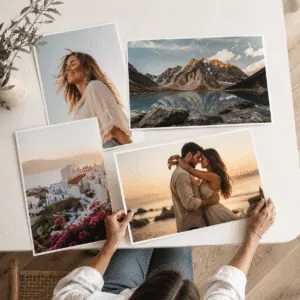 Fotos impresas en Papel Fotográfico de tamaño 30x45 Horizontales y Verticales dispuestas sobre una mesa por una mujer, visto desde una toma aerea.