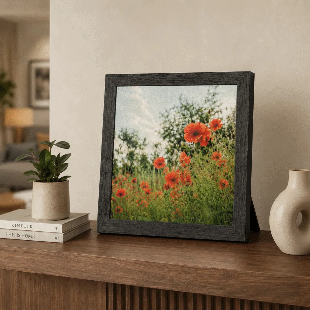 Cuadro portaretrato tamaño 30x30 negro Cuadrado, apoyado en mueble de madera con foto de un campo de flores naranjas, con impresión en tela de Canva montada en Sintra, sin vidrio