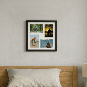 Cuadro Collage 30x30 Negro colgado en pared sobre cabezal de cama de una plaza