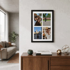 Cuadro Negro de 30x45 Vertical con Collage de 4 fotos colgado en pared, encima de un mueble de madera, en una casa moderna.