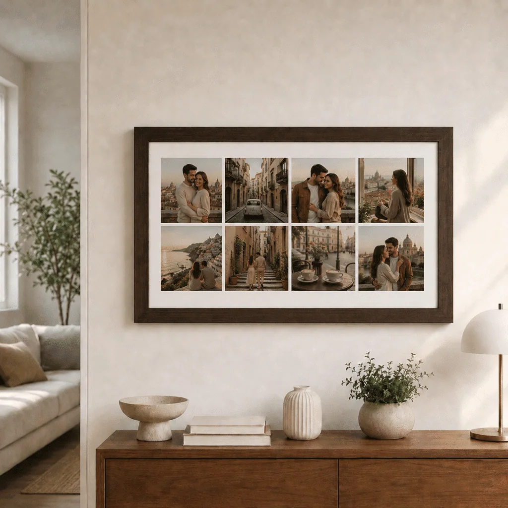 Cuadro Marrón de 60x40 Horizontal con Collage de 4 fotos colgado en pared, encima de un mueble de madera, en una casa moderna.