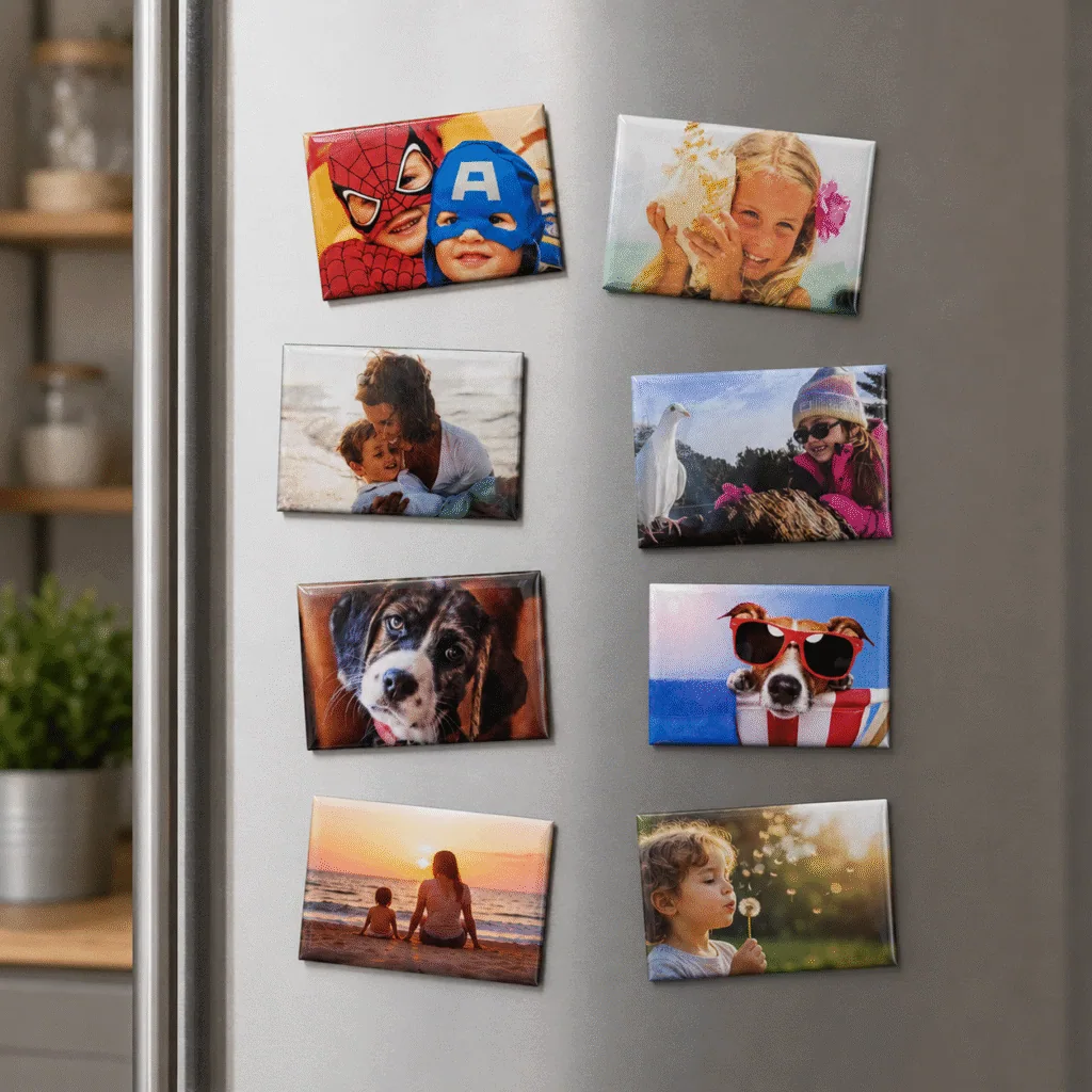 8 Imanes Mini personalizados con foto pegados en heladera moderna