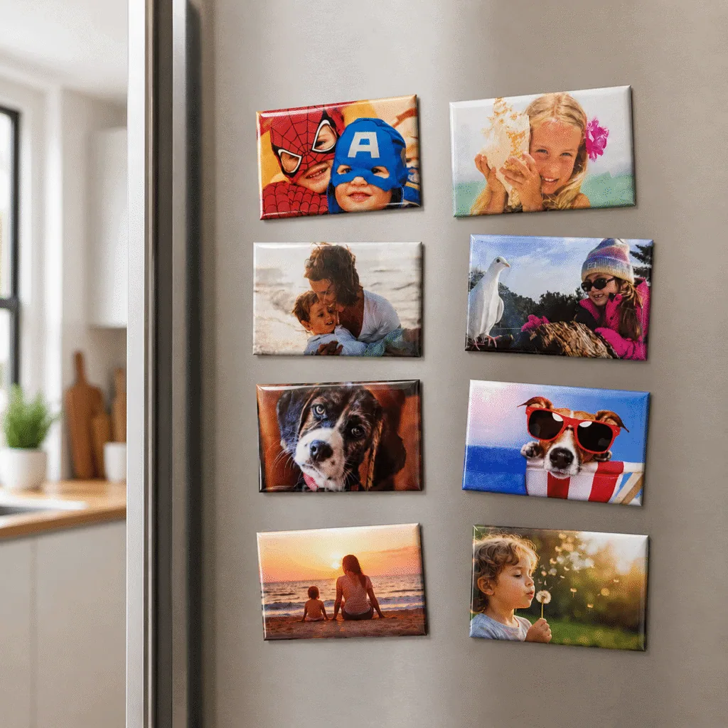 8 Imanes Mini personalizados con foto pegados en heladera moderna