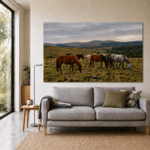 Fotografia de 135x90 en Papel Fotográfico de impresión en Plotter pegada en Sintra (PVC de 3mm) de unos caballos. Dispuesta en una pared sobre un sillon de dos plazas en una casa moderna.