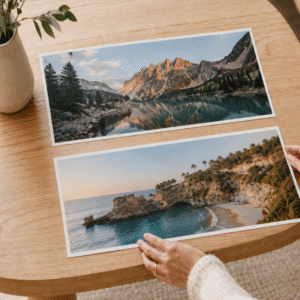 Fotos impresas en Papel Fotográfico de tamaño 30x60 Horizontales dispuestas sobre una mesa por una mujer, visto desde una toma angulada.