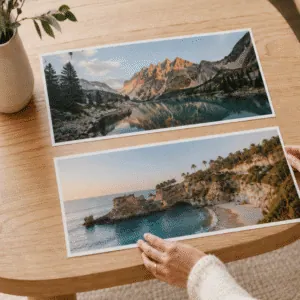 Fotos impresas en Papel Fotográfico de tamaño 30x60 Horizontales dispuestas sobre una mesa por una mujer, visto desde una toma angulada.