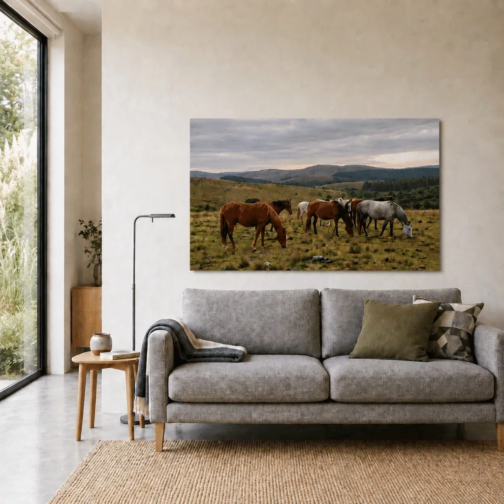 Fotografia de 75x50 en Papel Fotográfico de impresión en Plotter pegada en Sintra (PVC de 3mm) de unos caballos. Dispuesta en una pared sobre un sillon de dos plazas en una casa moderna.
