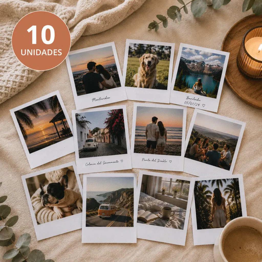 Diez Fotos estilo Vintage (algunas con texto y otras no) dispuestas sobre una manta y con la inscripción "10 UNIDADES" arriba a la derecha de la imagen