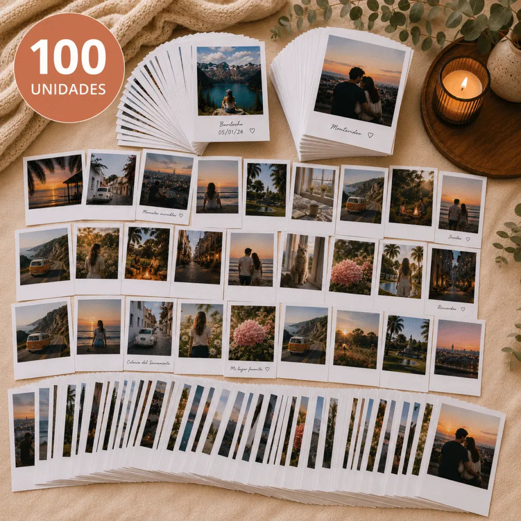 Cien Fotos estilo Vintage (algunas con texto y otras no) dispuestas sobre una manta en pilas, abanicos o sueltas y con la inscripción "100 UNIDADES" arriba a la derecha de la imagen