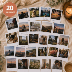 Veinte Fotos estilo Vintage (algunas con texto y otras no) dispuestas sobre una manta y con la inscripción "20 UNIDADES" arriba a la derecha de la imagen