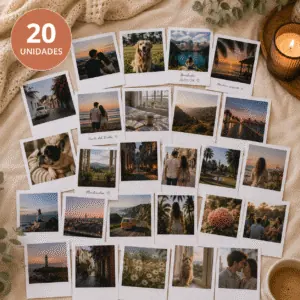 Veinte Fotos estilo Vintage (algunas con texto y otras no) dispuestas sobre una manta y con la inscripción "20 UNIDADES" arriba a la derecha de la imagen