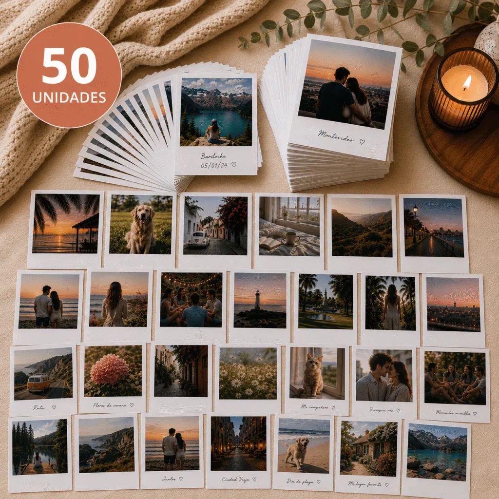 Cincuenta Fotos estilo Vintage (algunas con texto y otras no) dispuestas sobre una manta en pilas, abanicos o sueltas y con la inscripción "50 UNIDADES" arriba a la derecha de la imagen