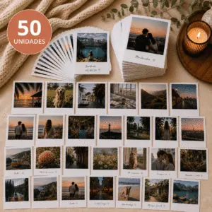 Cincuenta Fotos estilo Vintage (algunas con texto y otras no) dispuestas sobre una manta en pilas, abanicos o sueltas y con la inscripción "50 UNIDADES" arriba a la derecha de la imagen