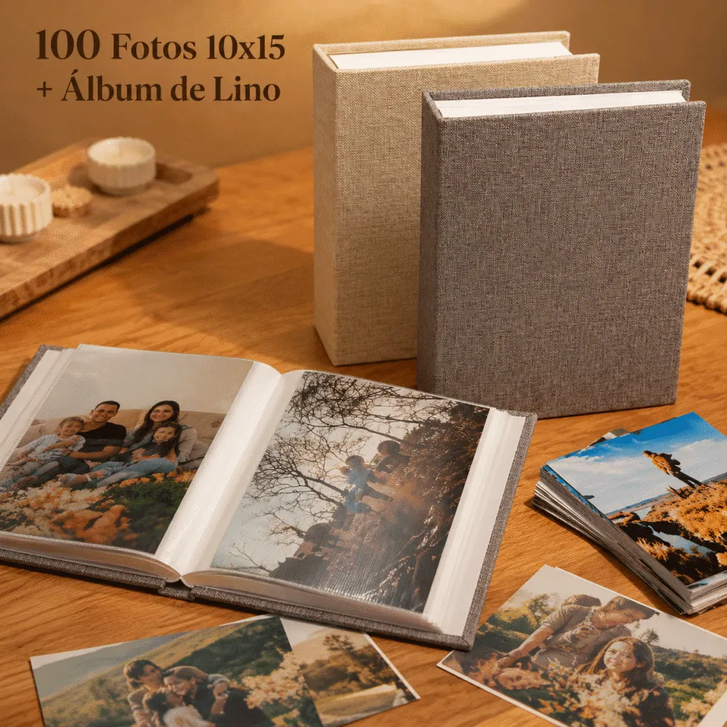 Album de Fotos 10x15 abierto con fotos adentro de folios verticales individuales por carilla, con fotos sueltas sobre la mesa y 2 Albumes de Lino cerrados apoyados de forma vertical (uno en Lino Beige y el otro en Lino Gris)