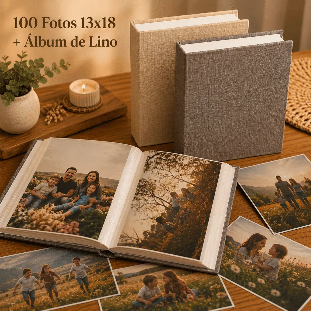 Album de Fotos 13x18 abierto con fotos adentro de folios verticales individuales por carilla, con fotos sueltas sobre la mesa y 2 Albumes de Lino cerrados apoyados de forma vertical (uno en Lino Beige y el otro en Lino Gris)