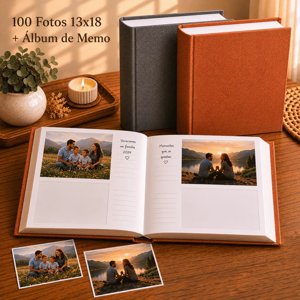 Album de Fotos 13x18 abierto con fotos adentro de 2 folios horizontales por carilla, con fotos sueltas sobre la mesa y 2 Albumes de MEMO cerrados apoyados de forma vertical (uno en Lino Marron y el otro en Lino Gris)