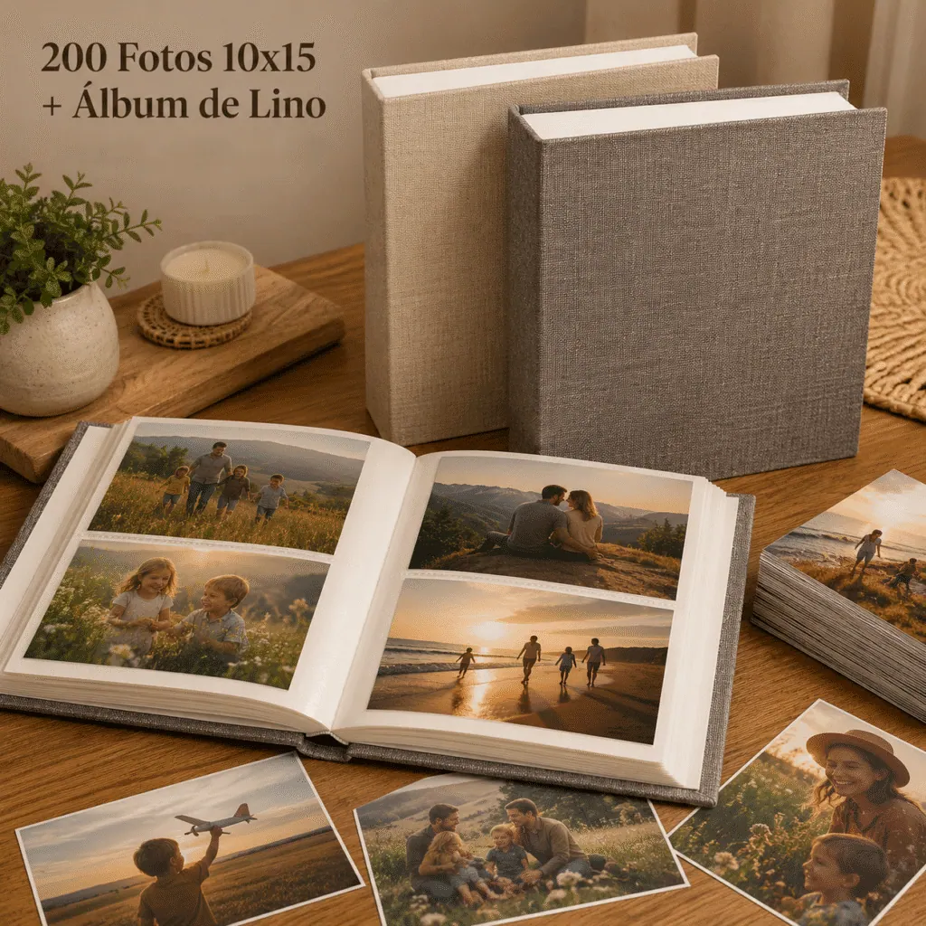 Album de Fotos 10x15 abierto con fotos adentro de dos folios horizontales por carilla, con fotos sueltas sobre la mesa y 2 Albumes de Lino cerrados apoyados de forma vertical (uno en Lino Beige y el otro en Lino Gris)
