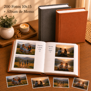 Album de Fotos 10x15 abierto con fotos adentro de 2 folios horizontales por carilla, con fotos sueltas sobre la mesa y 2 Albumes de MEMO cerrados apoyados de forma vertical (uno en Lino Marron y el otro en Lino Gris)
