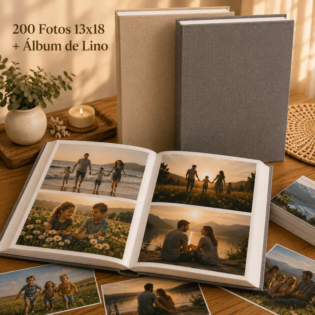 Album de Fotos 13x18 abierto con fotos adentro de dos folios horizontales por carilla, con fotos sueltas sobre la mesa y 2 Albumes de Lino cerrados apoyados de forma vertical (uno en Lino Beige y el otro en Lino Gris)