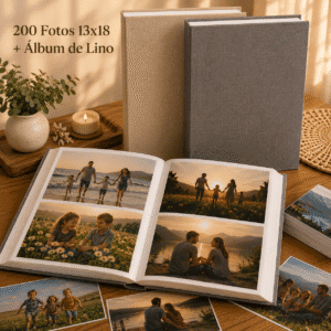 Album de Fotos 13x18 abierto con fotos adentro de dos folios horizontales por carilla, con fotos sueltas sobre la mesa y 2 Albumes de Lino cerrados apoyados de forma vertical (uno en Lino Beige y el otro en Lino Gris)