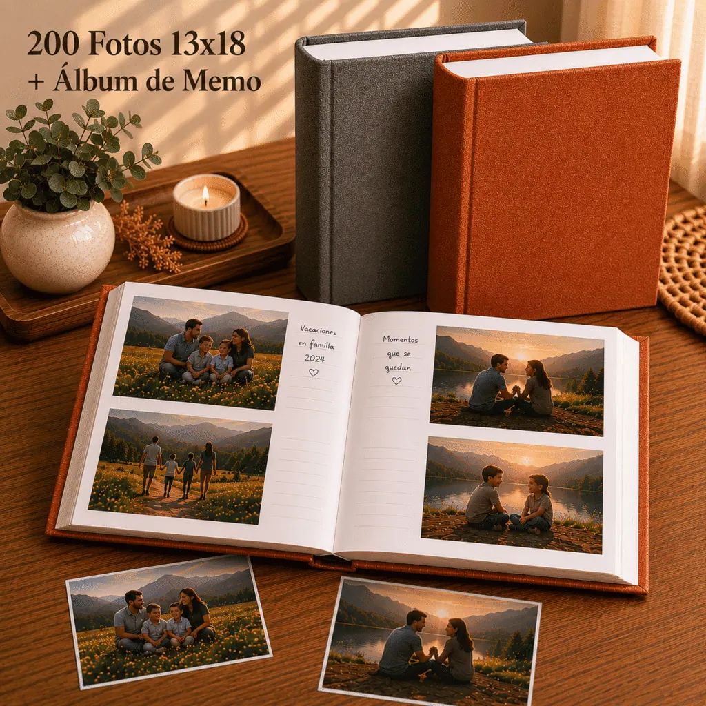 Album de Fotos 13x18 abierto con fotos adentro de 2 folios horizontales por carilla, con fotos sueltas sobre la mesa y 2 Albumes de MEMO cerrados apoyados de forma vertical (uno en Lino Marron y el otro en Lino Gris)