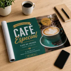 Lona de 60x40 cm con diseño de una cafeteria en verde desenrollada sobre una mesa