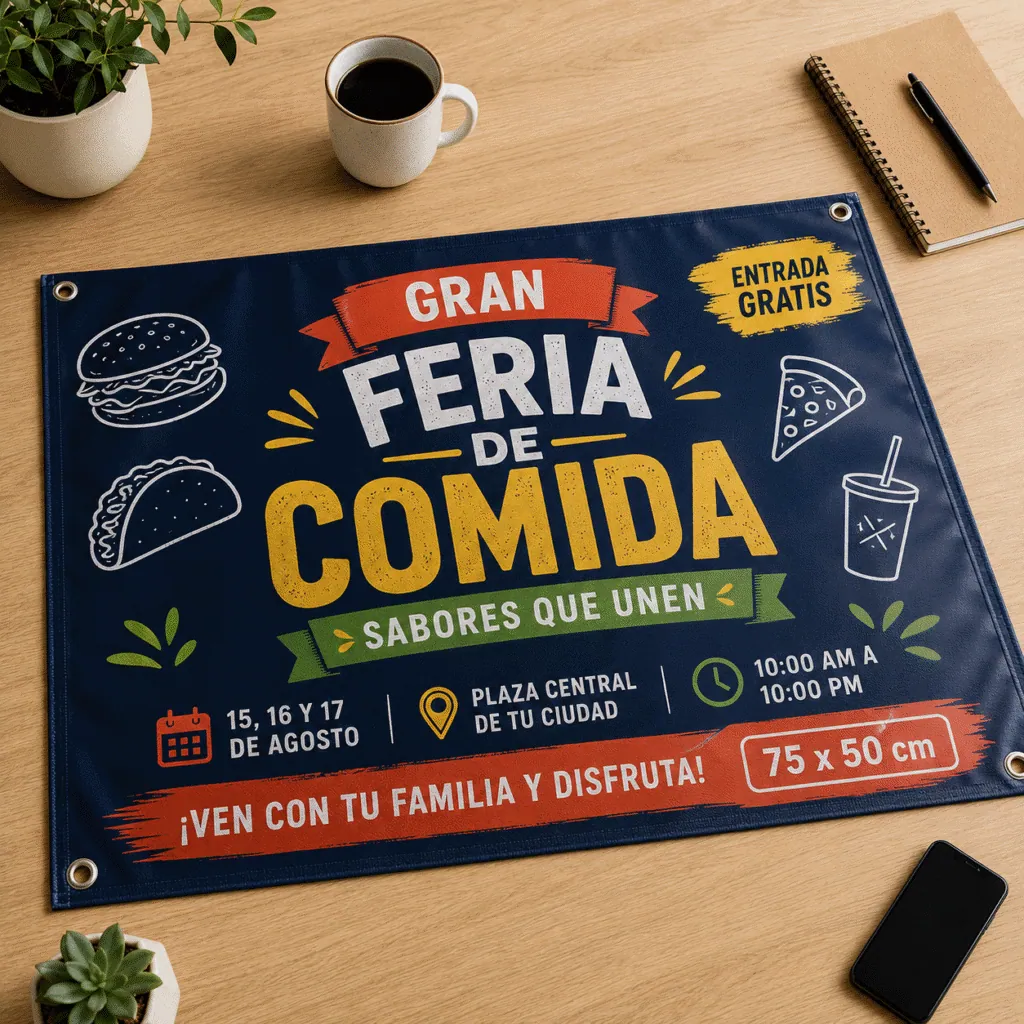 Lona de 70x50 cm con ojales, con diseño de una feria de comida en azul, desplegada sobre una mesa