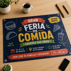 Lona de 70x50 cm con ojales, con diseño de una feria de comida en azul, desplegada sobre una mesa
